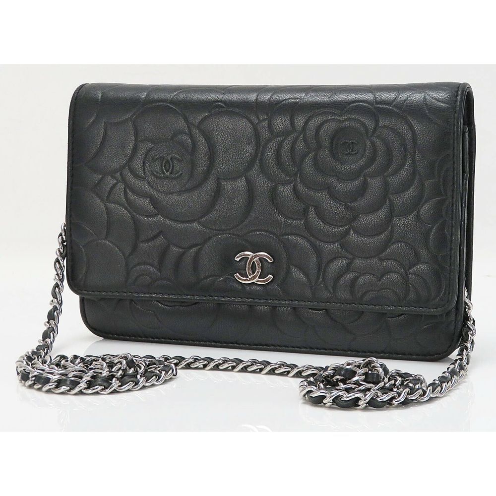 Auth CHANEL Black Camellia Pattern Leather Wallet on Chain Bag WOC 43425